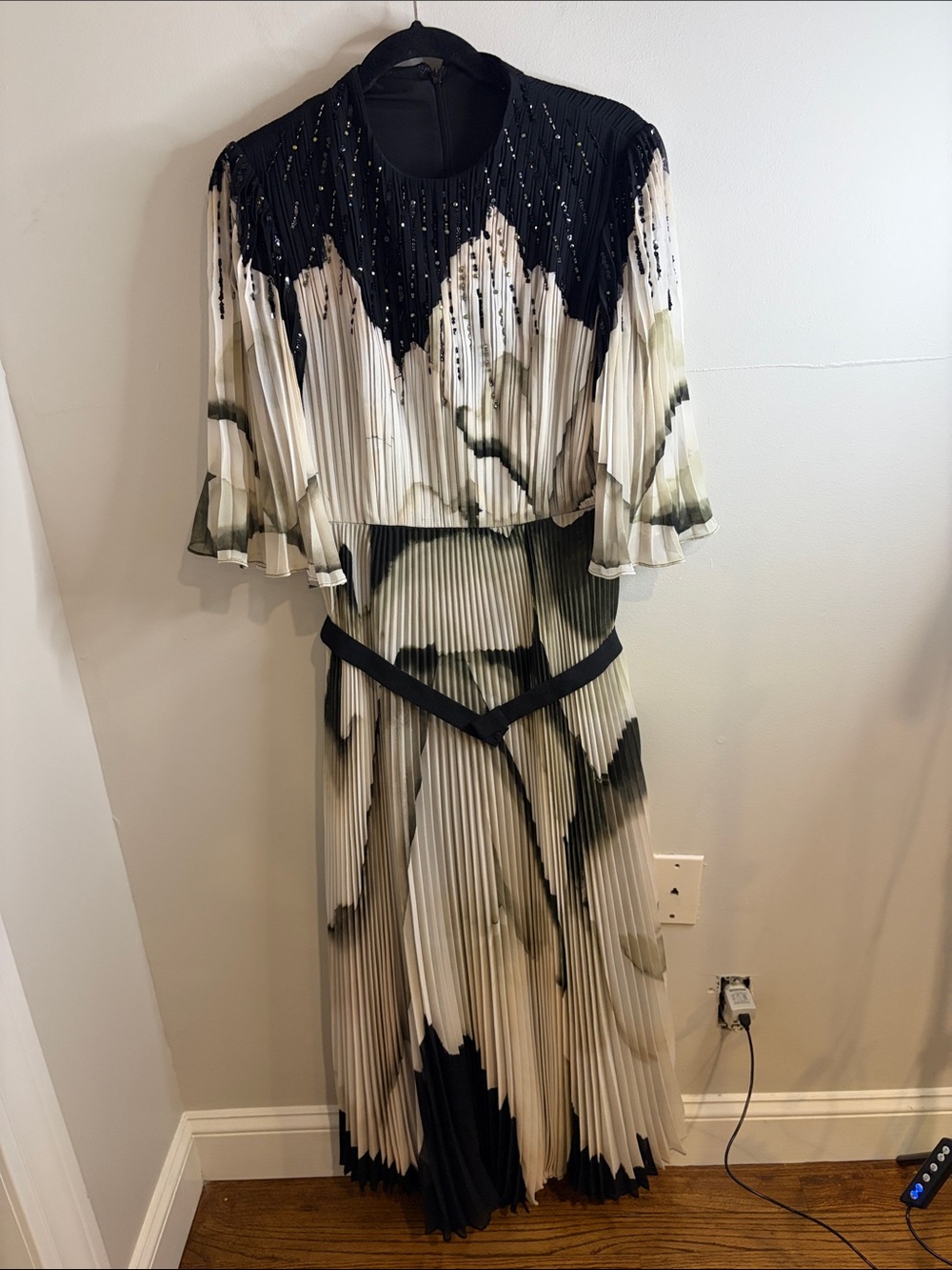 Pleated Midi Dress with Beaded Yoke in Black and Cream